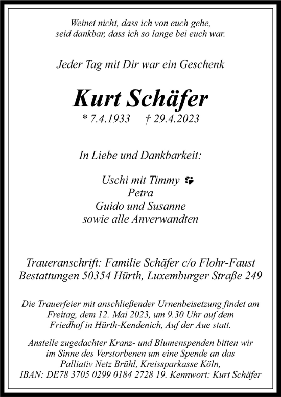 Anzeige von Kurt Schäfer von  Wochenende 