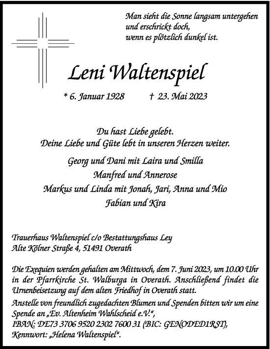 Anzeige von Leni Waltenspiel von Kölner Stadt-Anzeiger / Kölnische Rundschau / Express