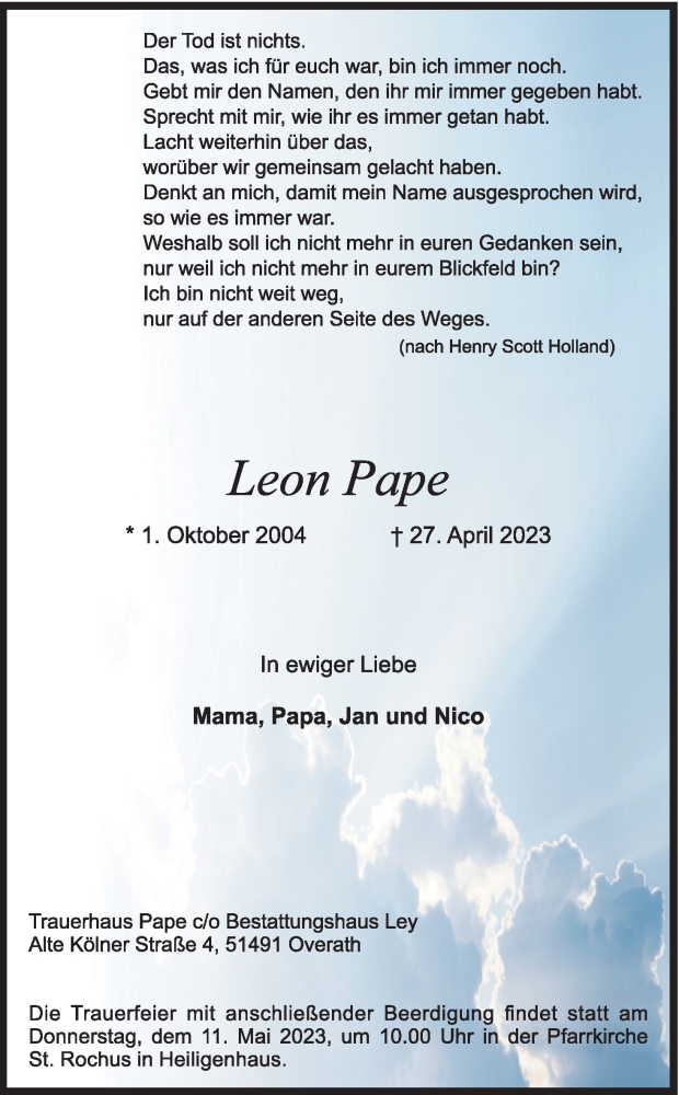  Traueranzeige für Leon Pape vom 06.05.2023 aus Kölner Stadt-Anzeiger / Kölnische Rundschau / Express