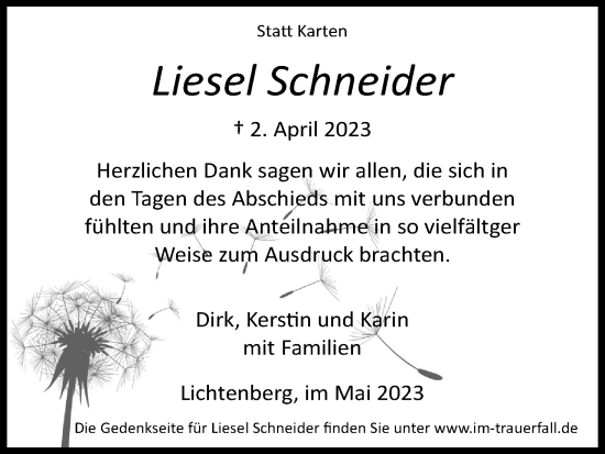 Anzeige von Liesel Schneider von Kölner Stadt-Anzeiger / Kölnische Rundschau / Express