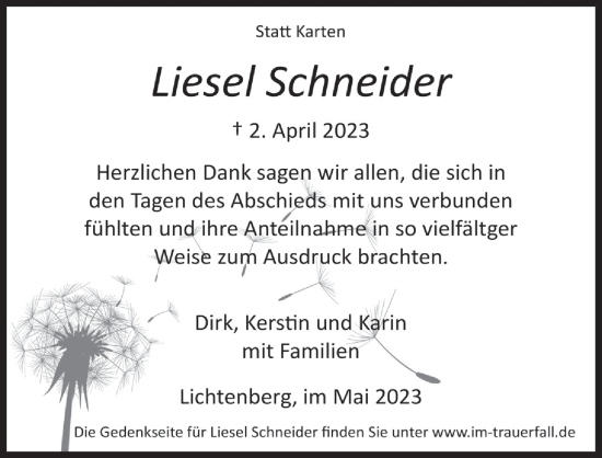 Anzeige von Liesel Schneider von  Lokalanzeiger 