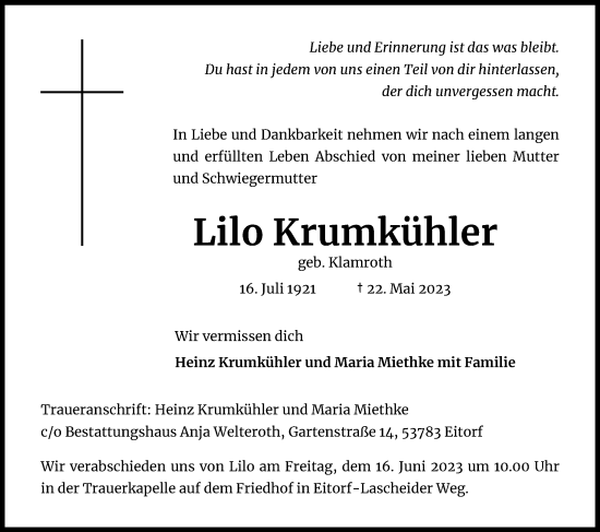 Anzeige von Lilo Krumkühler von Kölner Stadt-Anzeiger / Kölnische Rundschau / Express