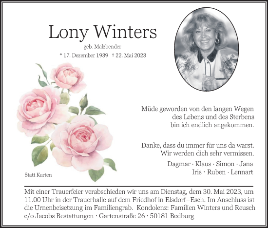 Anzeige von Lony Winters von Kölner Stadt-Anzeiger / Kölnische Rundschau / Express