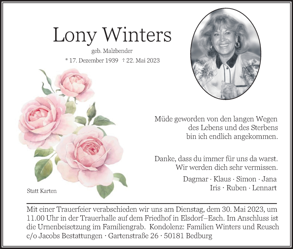  Traueranzeige für Lony Winters vom 27.05.2023 aus Kölner Stadt-Anzeiger / Kölnische Rundschau / Express