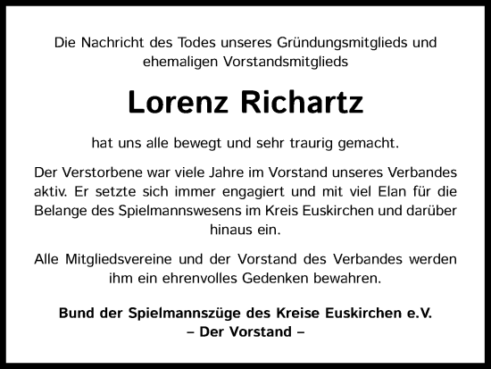 Anzeige von Lorenz Richartz von Kölner Stadt-Anzeiger / Kölnische Rundschau / Express