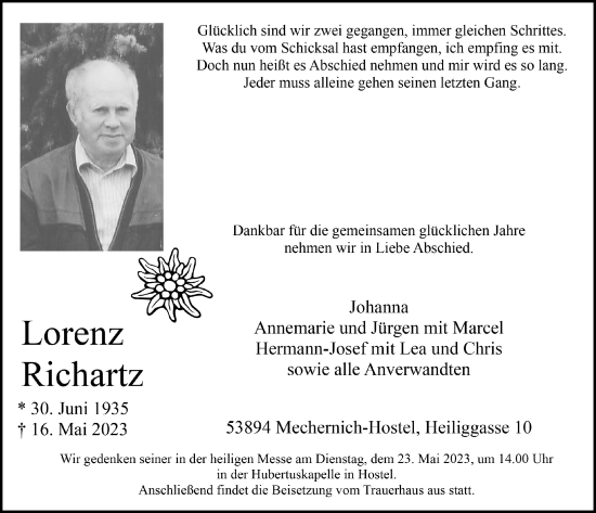Anzeige von Lorenz Richartz von  Blickpunkt Euskirchen 