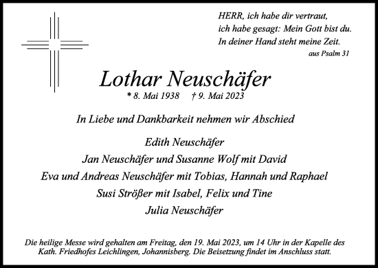 Anzeige von Lothar Neuschäfer von Kölner Stadt-Anzeiger / Kölnische Rundschau / Express