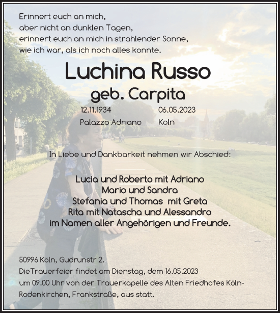Anzeige von Luchina Russo von Kölner Stadt-Anzeiger / Kölnische Rundschau / Express