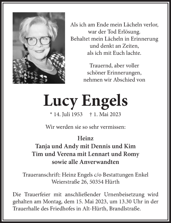 Anzeige von Lucy Engels von  Wochenende 