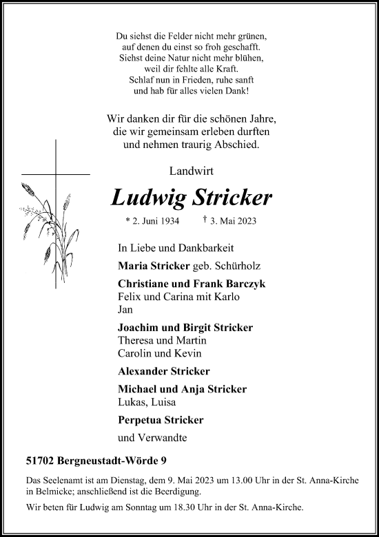 Anzeige von Ludwig Stricker von Kölner Stadt-Anzeiger / Kölnische Rundschau / Express