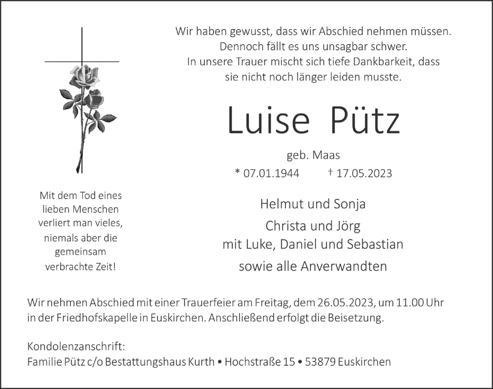  Traueranzeige für Luise Pütz vom 20.05.2023 aus  Blickpunkt Euskirchen 
