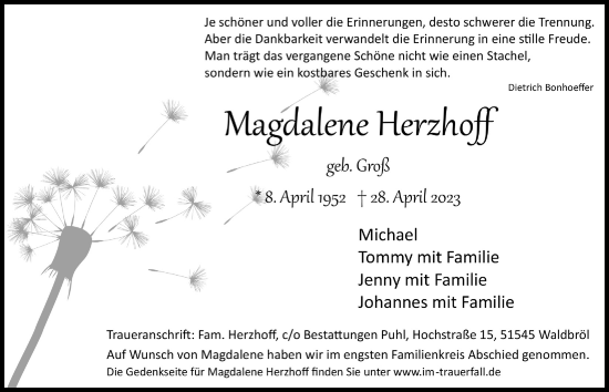 Anzeige von Magdalene Herzhoff von  Lokalanzeiger 