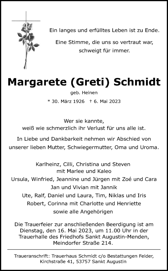 Anzeige von Mamrgmarete Schmidt von Kölner Stadt-Anzeiger / Kölnische Rundschau / Express