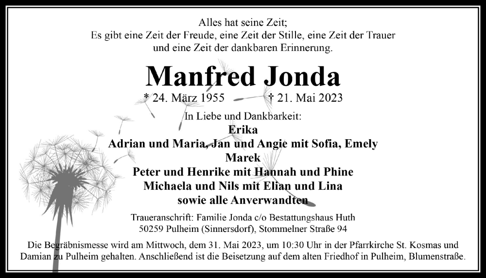  Traueranzeige für Manfred Jonda vom 26.05.2023 aus  Wochenende 