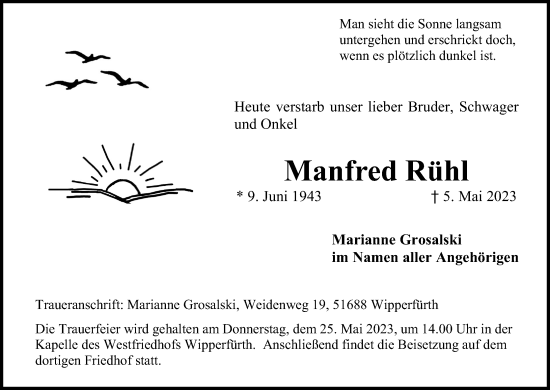 Anzeige von Manfred Rühl von Kölner Stadt-Anzeiger / Kölnische Rundschau / Express