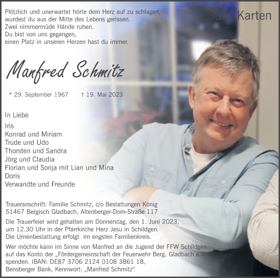 Anzeige von Manfred Schmitz von Kölner Stadt-Anzeiger / Kölnische Rundschau / Express