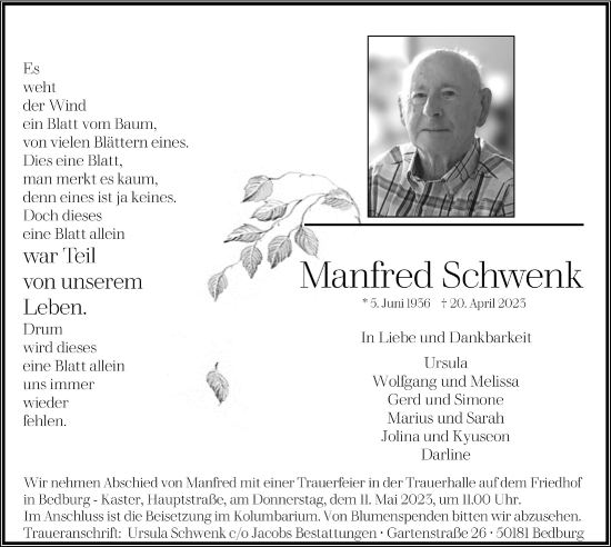 Anzeige von Manfred Schwenk von  Werbepost 