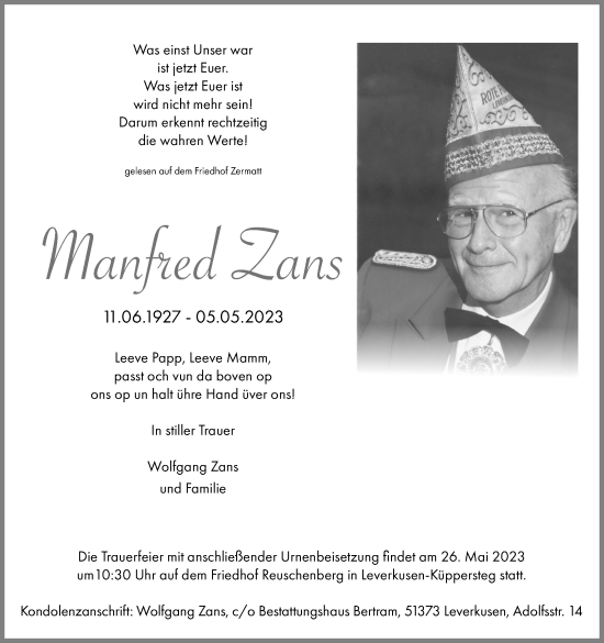 Anzeige von Manfred Zans von Kölner Stadt-Anzeiger / Kölnische Rundschau / Express