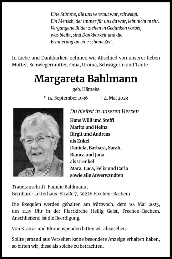 Anzeige von Margareta Bahlmann von Kölner Stadt-Anzeiger / Kölnische Rundschau / Express