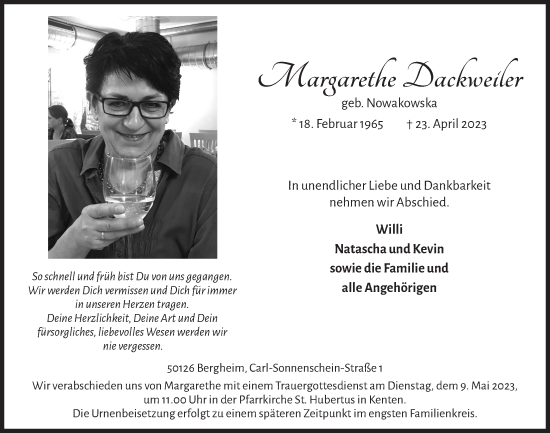 Anzeige von Margarethe Dackweiler von  Werbepost 