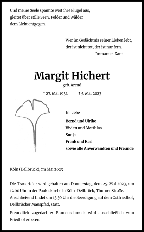 Anzeige von Margit Hichert von Kölner Stadt-Anzeiger / Kölnische Rundschau / Express