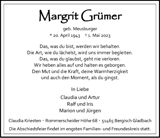Anzeige von Margrit Grümer von Kölner Stadt-Anzeiger / Kölnische Rundschau / Express