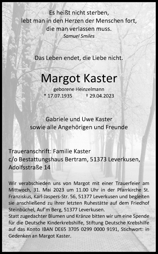 Anzeige von Margot Kaster von Kölner Stadt-Anzeiger / Kölnische Rundschau / Express
