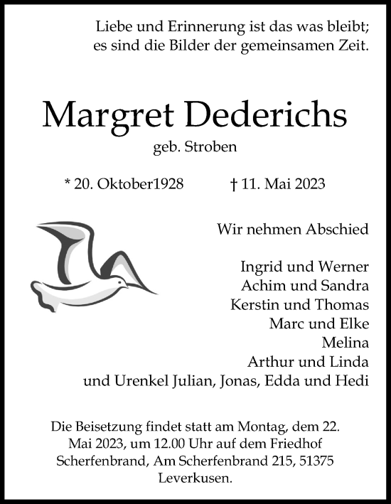 Anzeige von Margret Dederichs von Kölner Stadt-Anzeiger / Kölnische Rundschau / Express
