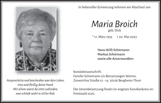 Anzeige von Maria Broich von  Werbepost 