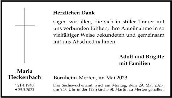 Anzeige von Maria Heckenbach von  Schlossbote/Werbekurier 