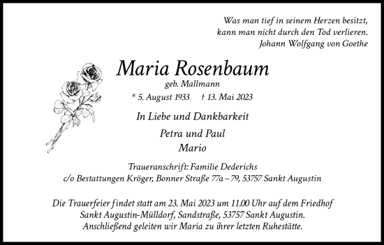 Anzeige von Maria Rosenbaum von Kölner Stadt-Anzeiger / Kölnische Rundschau / Express
