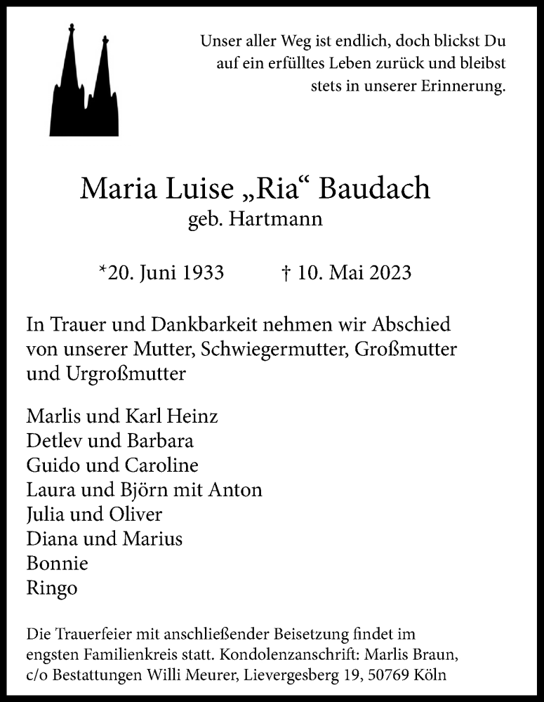  Traueranzeige für Maria Luise Baudach vom 20.05.2023 aus Kölner Stadt-Anzeiger / Kölnische Rundschau / Express