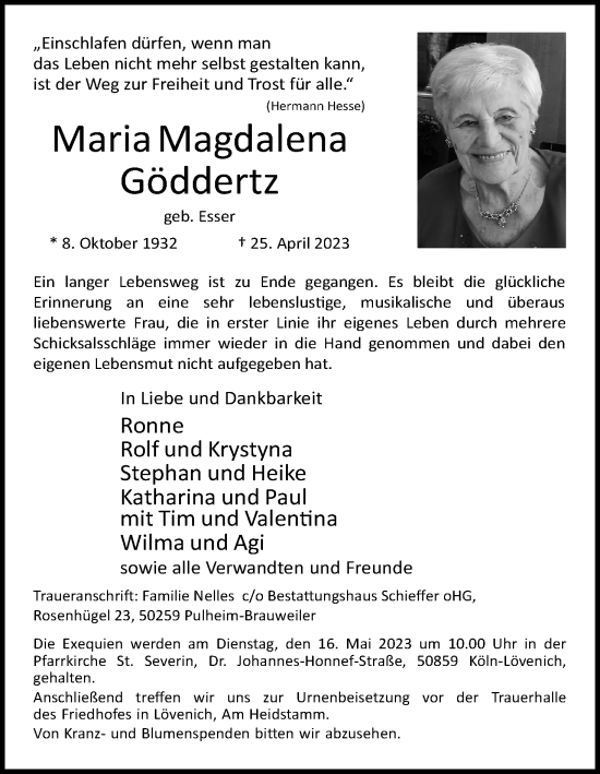 Anzeige von Maria Magdalena Göddertz von Kölner Stadt-Anzeiger / Kölnische Rundschau / Express