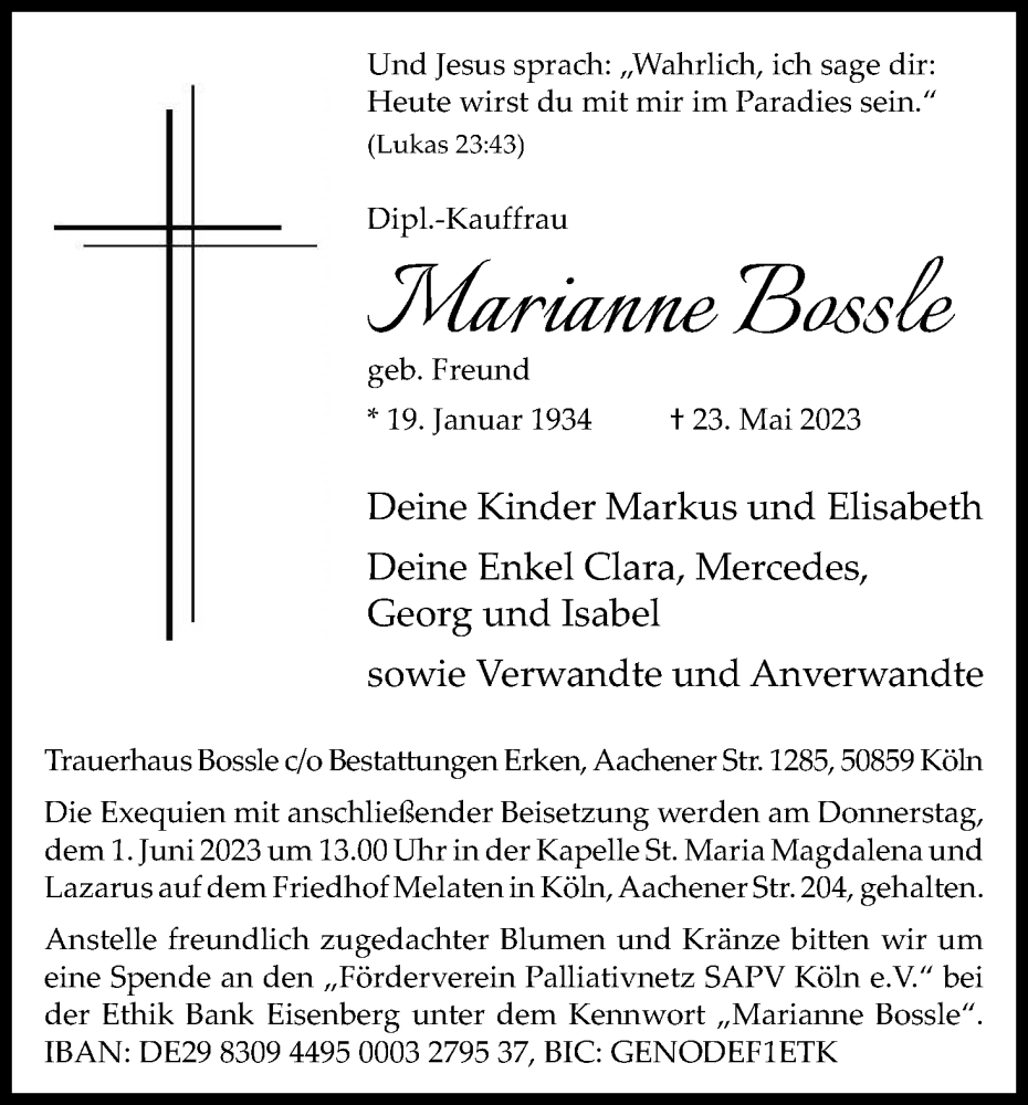  Traueranzeige für Marianne Bossle vom 27.05.2023 aus Kölner Stadt-Anzeiger / Kölnische Rundschau / Express