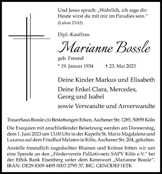 Anzeige von Marianne Bossle von Kölner Stadt-Anzeiger / Kölnische Rundschau / Express