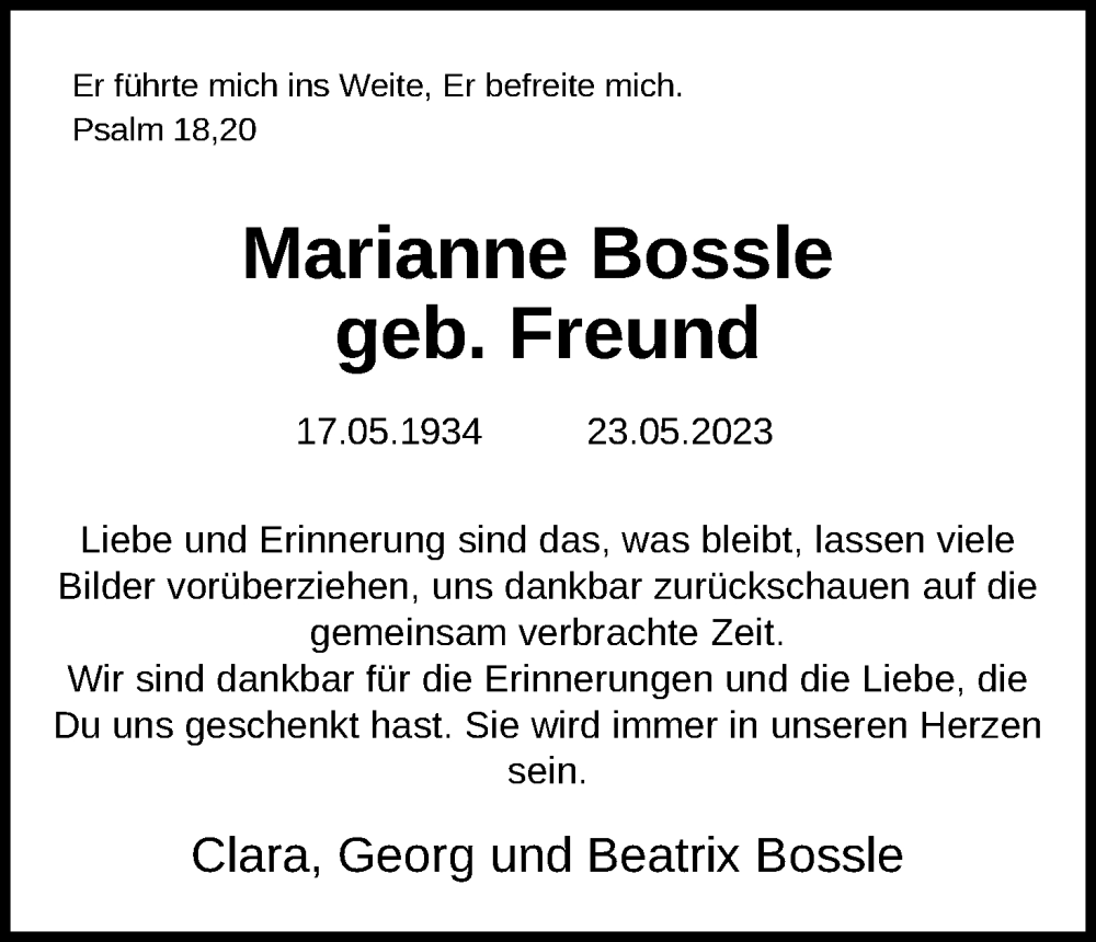  Traueranzeige für Marianne Bossle vom 01.06.2023 aus Kölner Stadt-Anzeiger / Kölnische Rundschau / Express