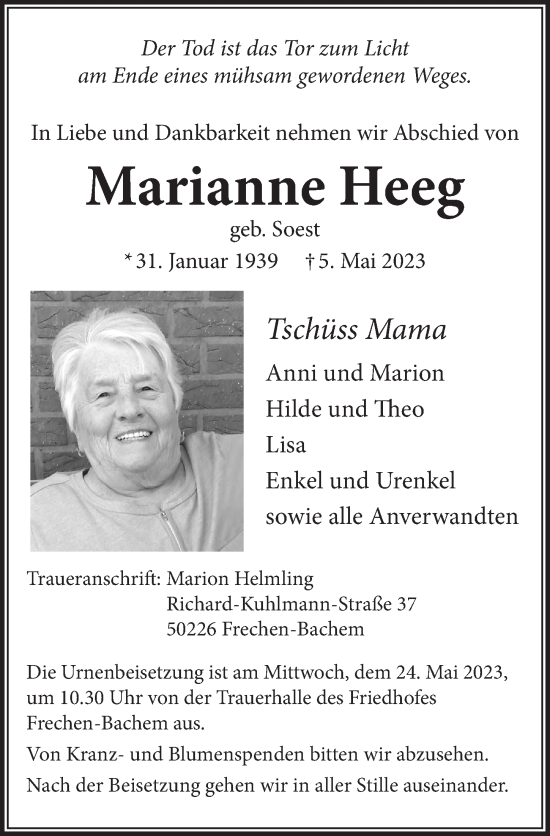 Anzeige von Marianne Heeg von  Wochenende 