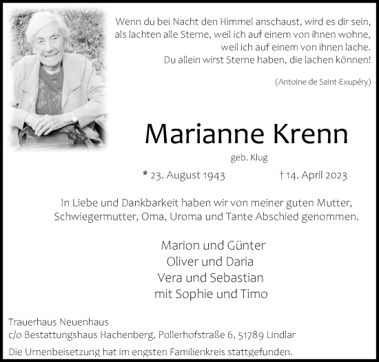 Anzeige von Marianne Krenn von Kölner Stadt-Anzeiger / Kölnische Rundschau / Express