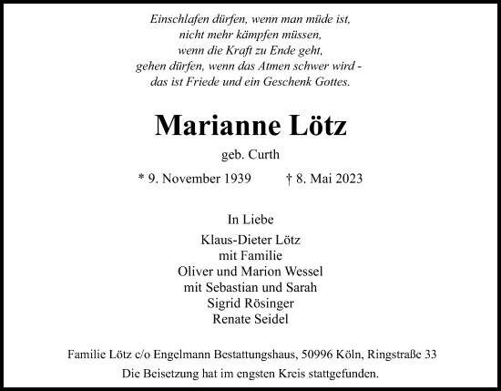 Anzeige von Marianne Lötz von Kölner Stadt-Anzeiger / Kölnische Rundschau / Express