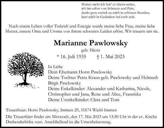 Anzeige von Marianne Pawlowsky von Kölner Stadt-Anzeiger / Kölnische Rundschau / Express
