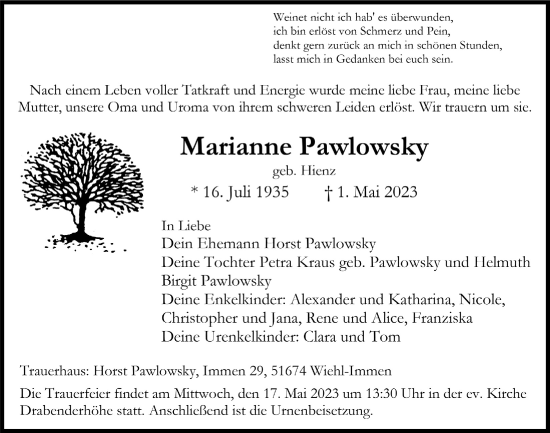 Anzeige von Marianne Pawlowsky von  Anzeigen Echo 