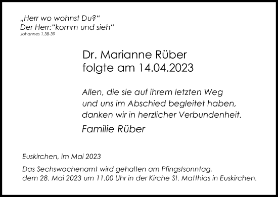 Anzeige von Marianne Rüber von Kölner Stadt-Anzeiger / Kölnische Rundschau / Express