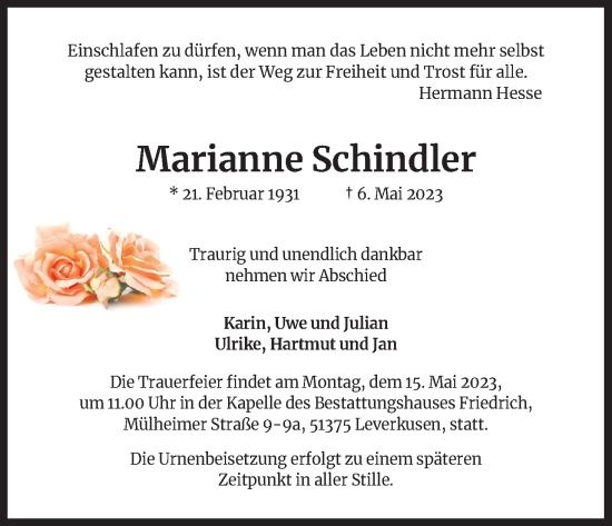 Anzeige von Marianne Schindler von Kölner Stadt-Anzeiger / Kölnische Rundschau / Express