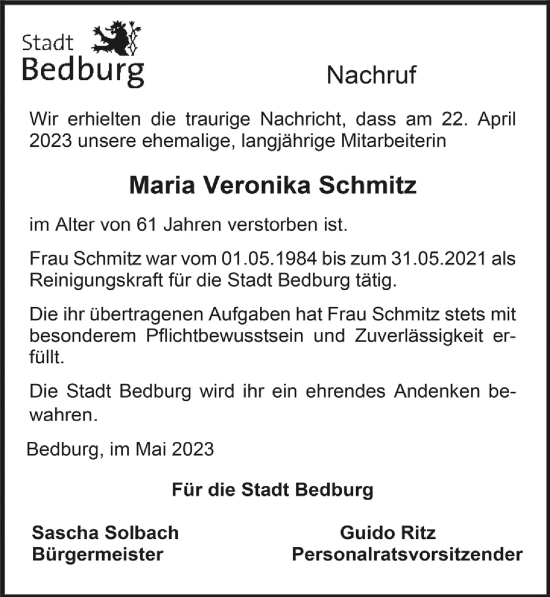 Anzeige von Maria Veronika Schmitz von  Werbepost 