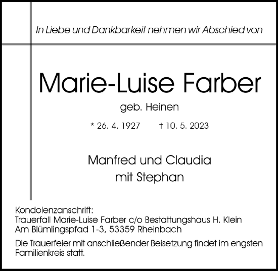 Anzeige von Marie-Luise Farber von  Schaufenster/Blickpunkt 