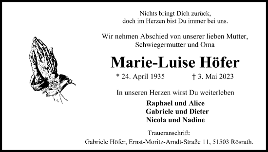 Anzeige von Marie-Luise Höfer von Kölner Stadt-Anzeiger / Kölnische Rundschau / Express