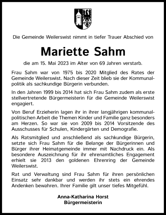 Anzeige von Mariette Sahm von Kölner Stadt-Anzeiger / Kölnische Rundschau / Express