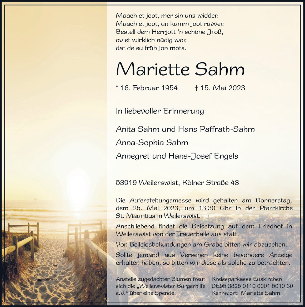  Traueranzeige für Mariette Sahm vom 20.05.2023 aus  Blickpunkt Euskirchen 
