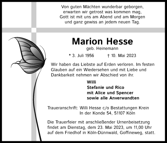 Anzeige von Marion Hesse von Kölner Stadt-Anzeiger / Kölnische Rundschau / Express
