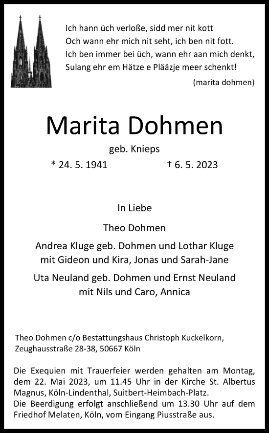 Anzeige von Marita Dohmen von Kölner Stadt-Anzeiger / Kölnische Rundschau / Express